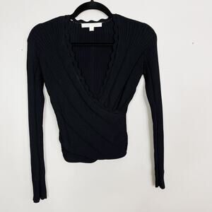 Jonathan Simkhai Ribbed Knit Wrap Long Sleeve Cropped Top Sweater Black XSmall